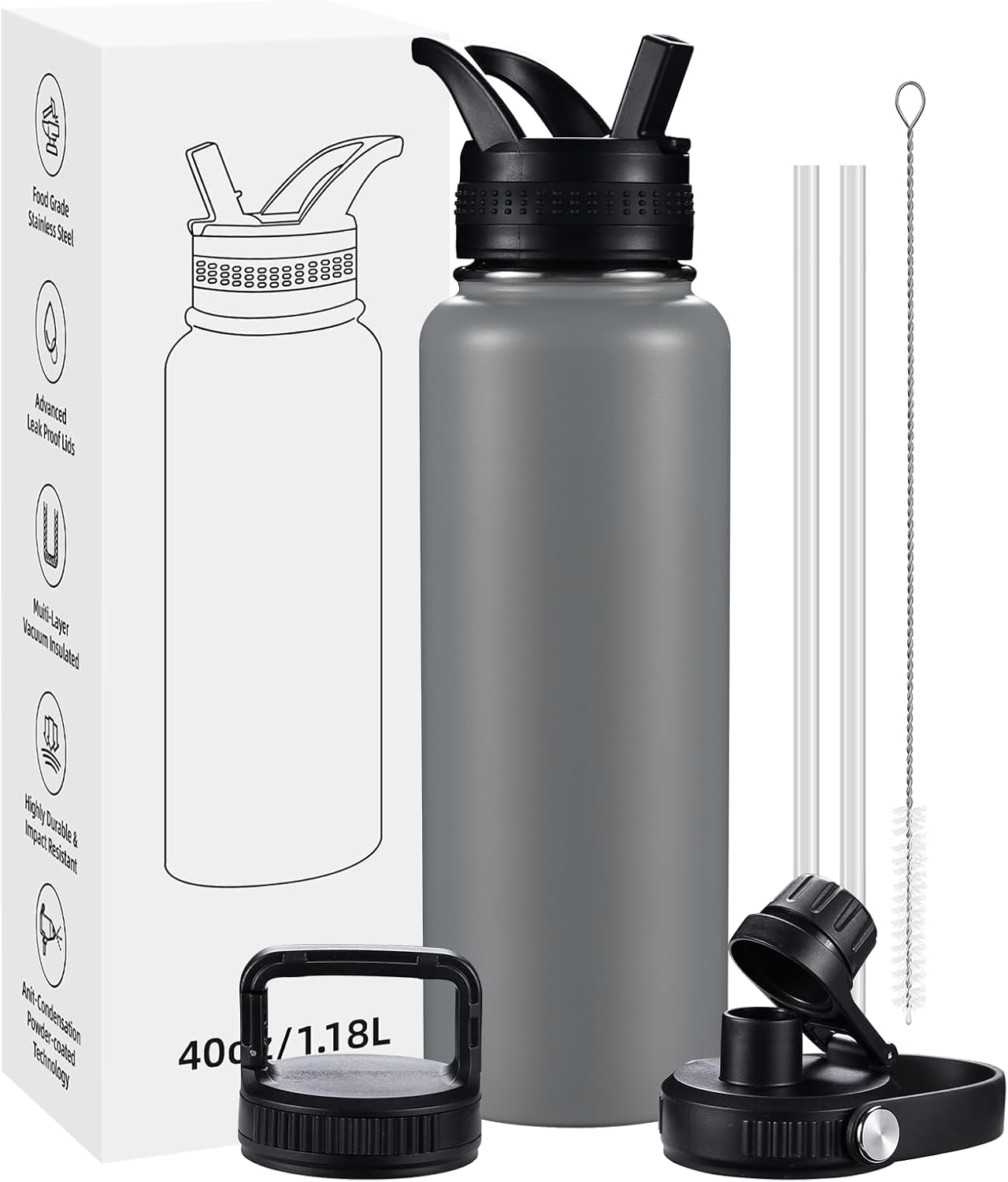 PlanetFlame 40 oz insulated sport bottle with straw, gray